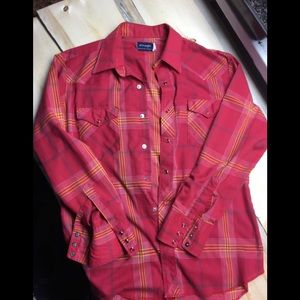 Vintage Wrangler pearl snap Western cowboy cut Men’s Large Red plaid